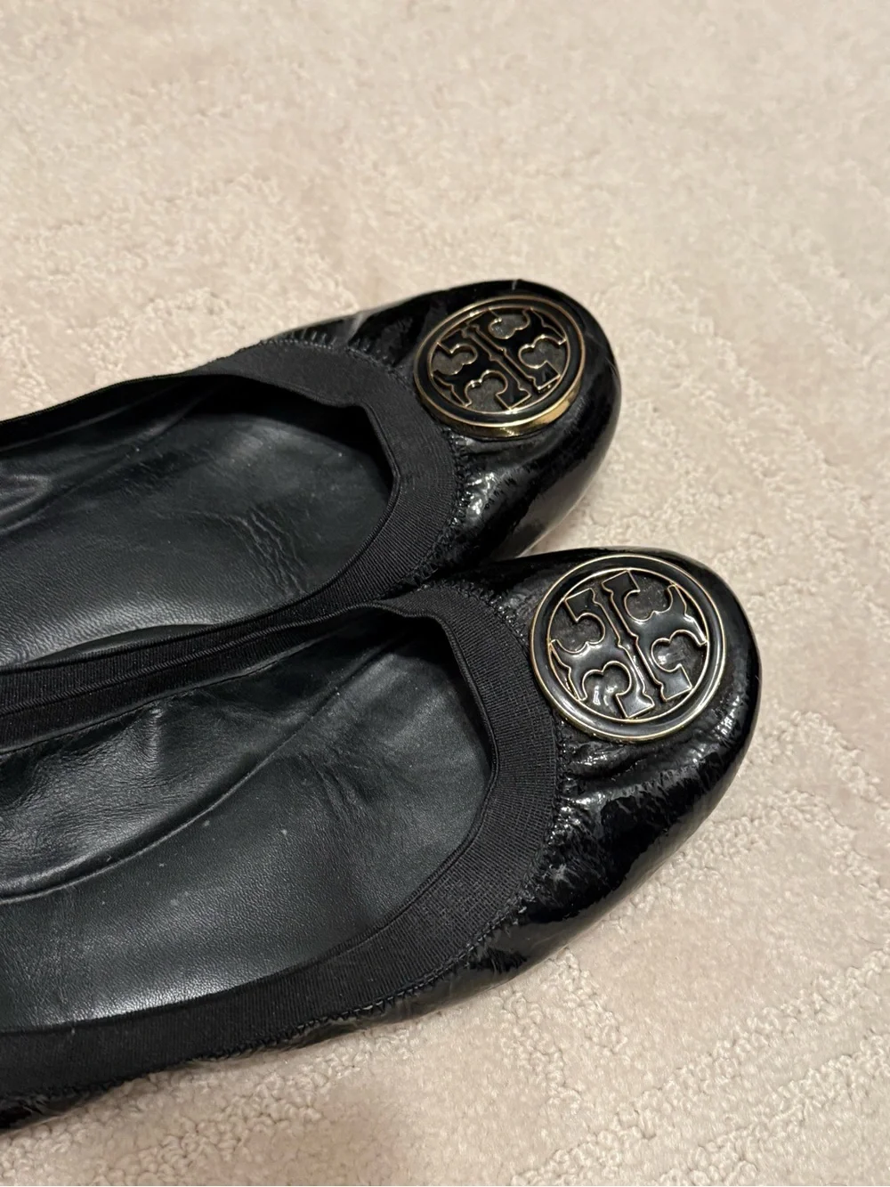 Tory Burch Black Patent Logo-Embellished Ballet Flats
